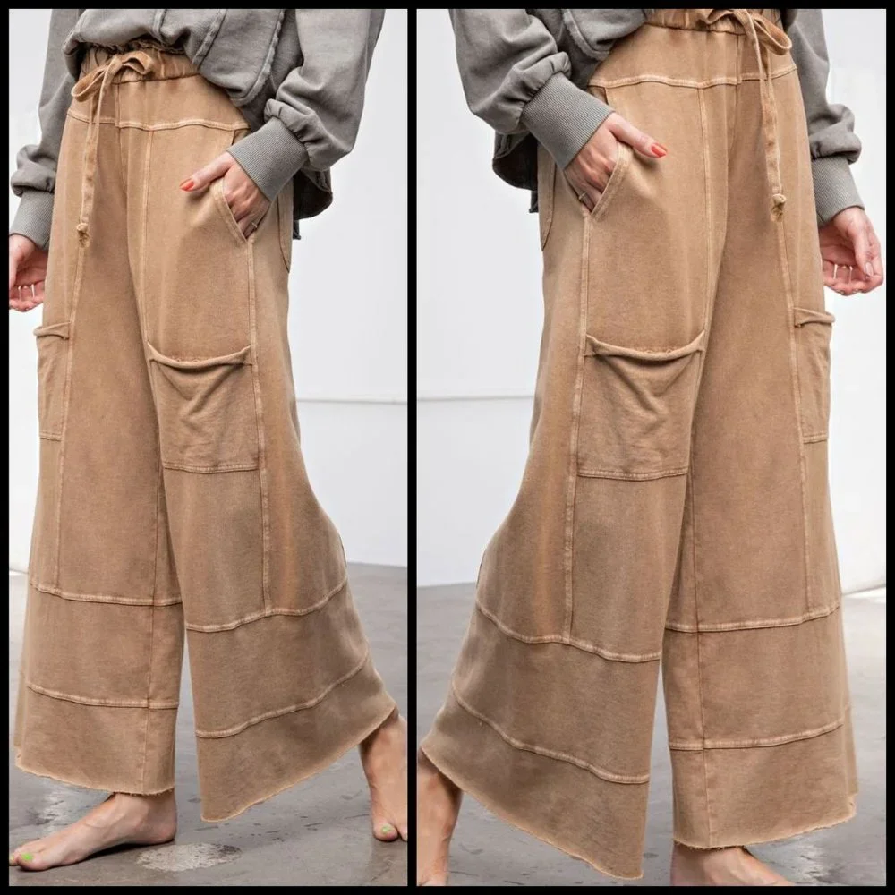 EASEL "Perfect Cargo" Terry Knit Mineral Washed Flared Leg Pants Raw Hem & Seams - Picture 3 of 15